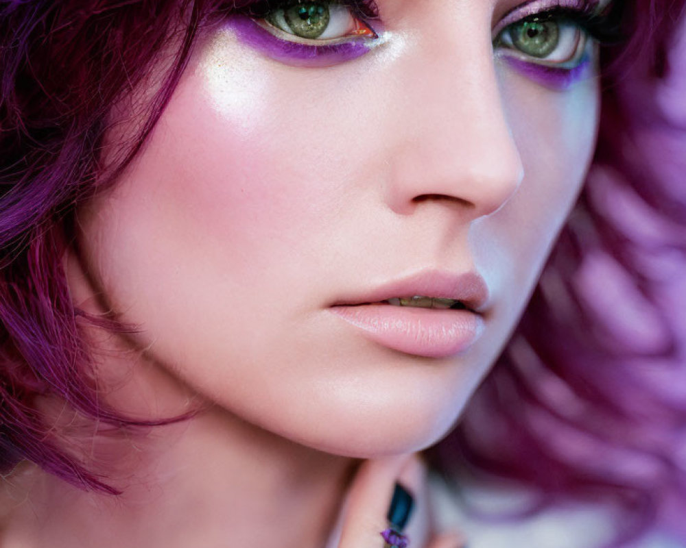 Vivid Purple Hair and Makeup with Green Eyes and Nail Art Portrait