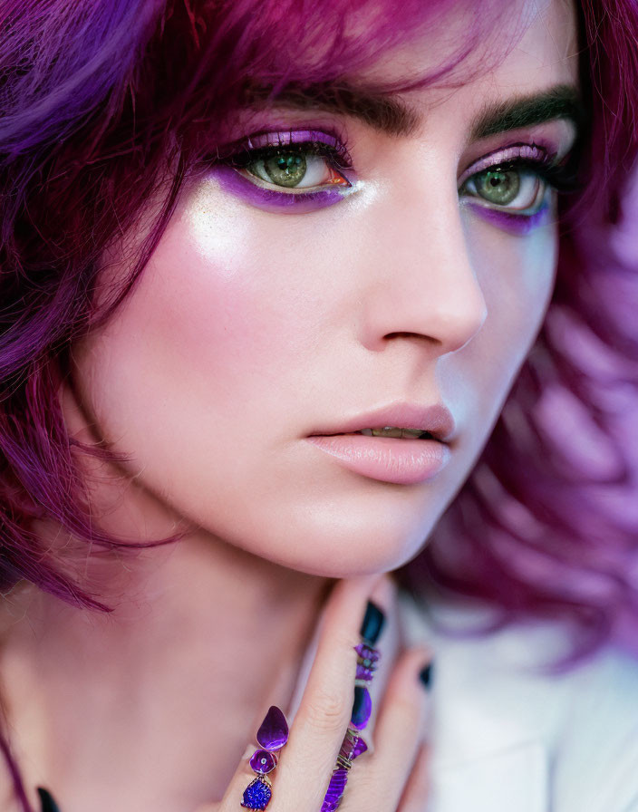 Vivid Purple Hair and Makeup with Green Eyes and Nail Art Portrait