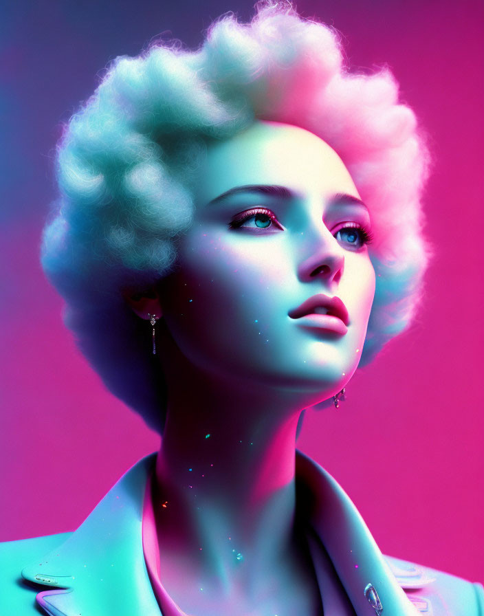 Vibrant portrait of a woman with pastel blue afro and glitter accents