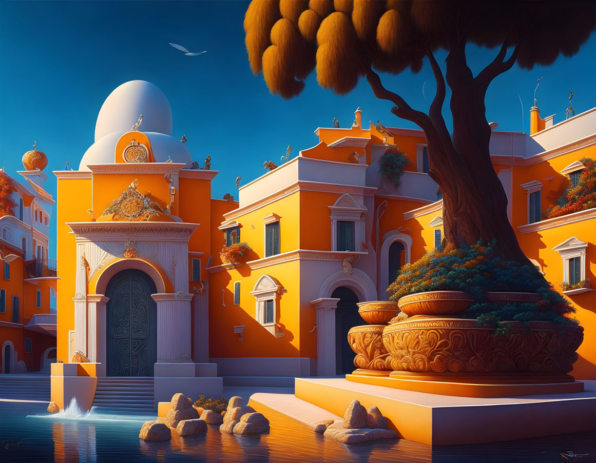 Mediterranean-style Buildings with Arches, Domes, Tree, Water, and Seag