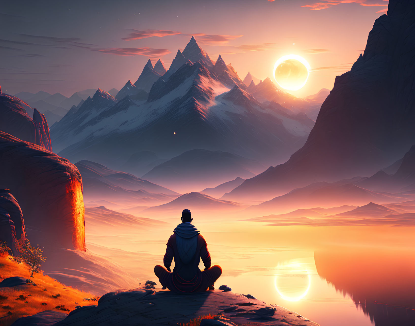Person meditating on cliff above serene lake with mountains at sunset