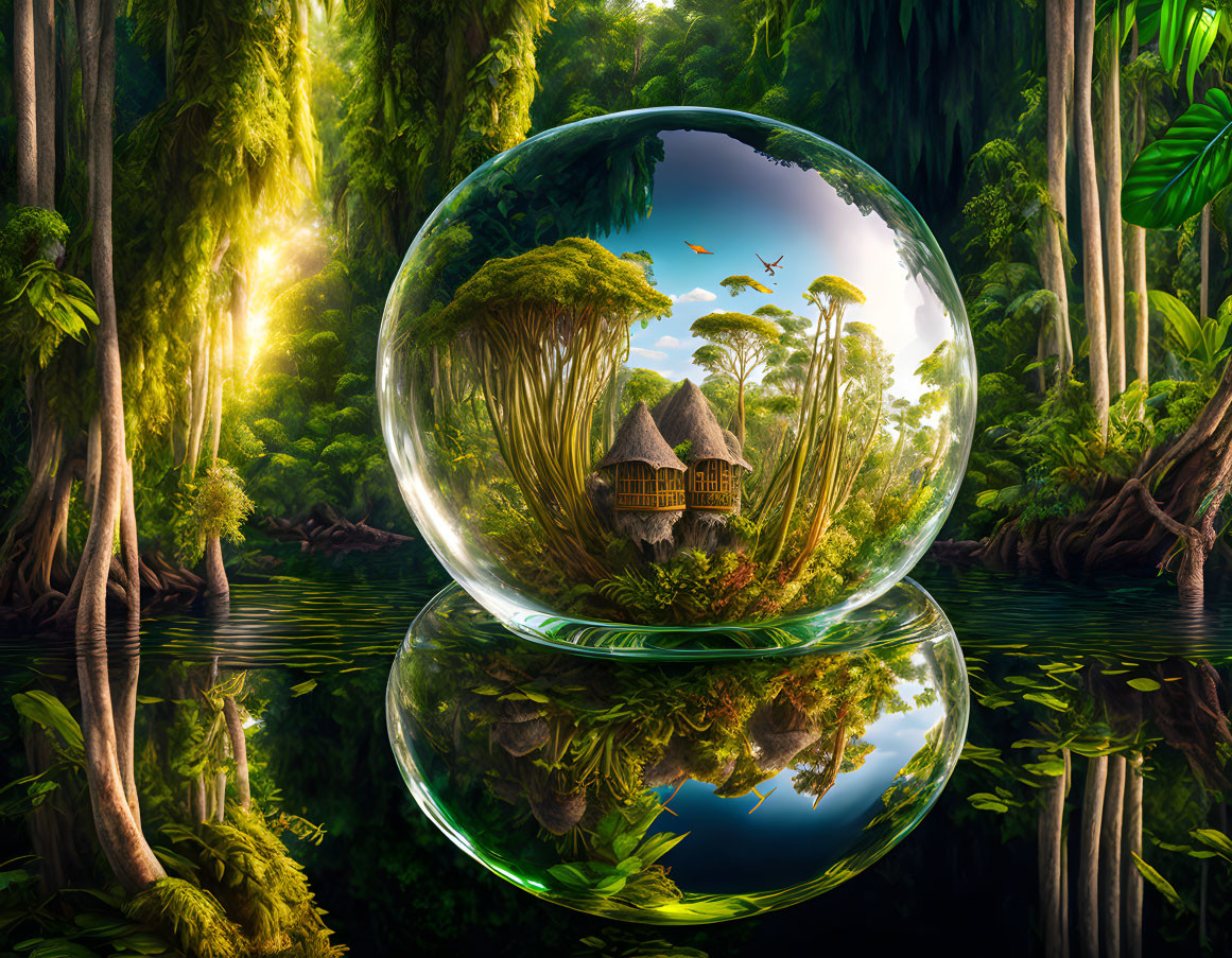 Surreal crystal ball reflects lush jungle landscape