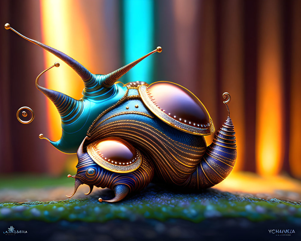 Vibrant digital artwork: Fantastical snail with metallic shell and intricate patterns