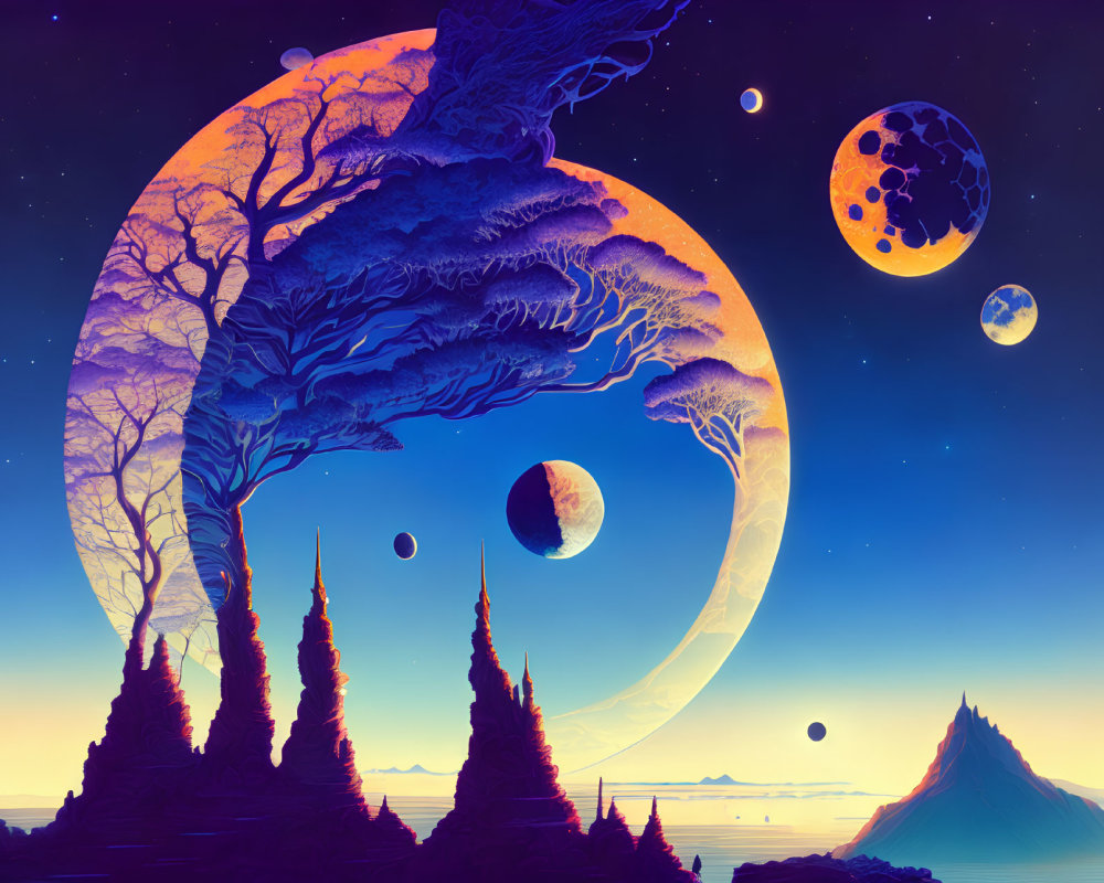 Surreal landscape with large moon, silhouetted trees, floating rocks, and distant mountains