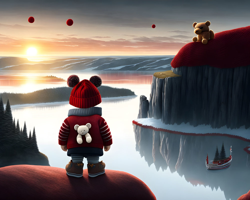 Child in Red Hat with Teddy Bear in Surreal Sunset Landscape
