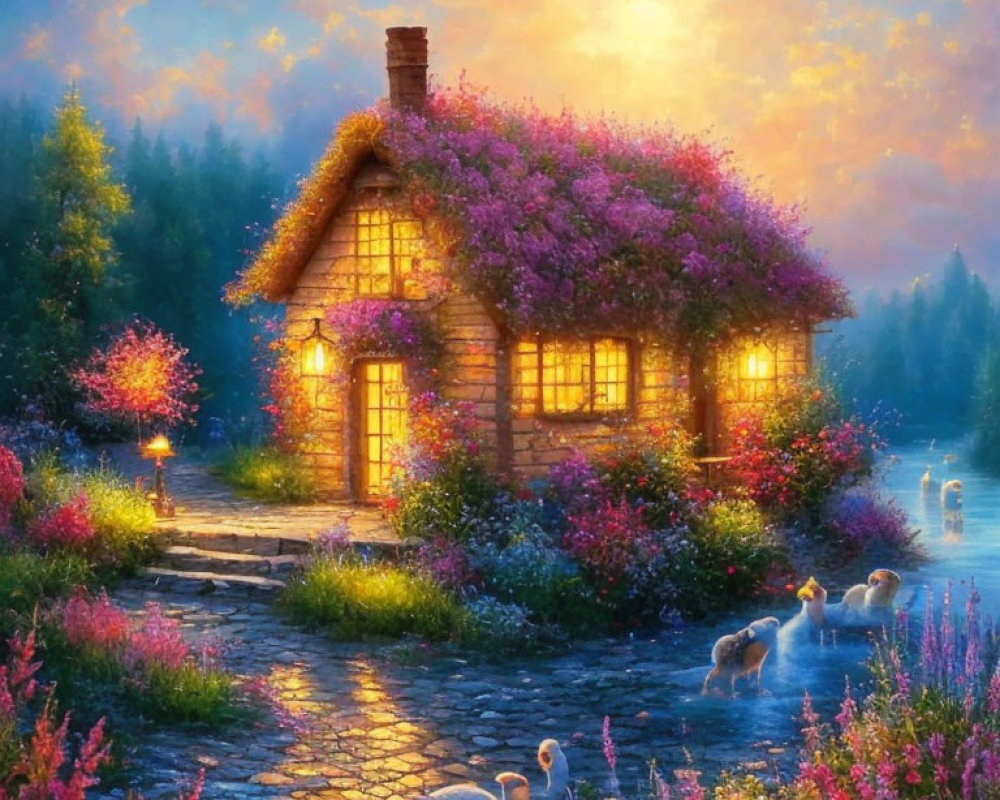 Pink Flower-Covered Cottage with Stone Path and Ducks at Twilight