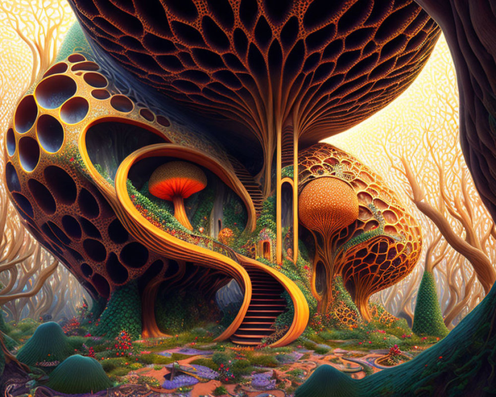 Colorful forest with oversized mushrooms and honeycomb structures in a fantastical setting