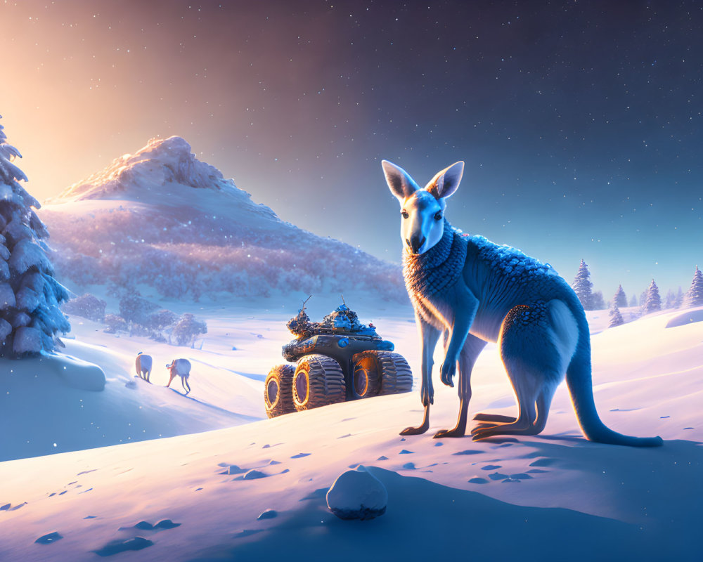 Kangaroo in scarf beside armored vehicle in snowy landscape with starry sky.