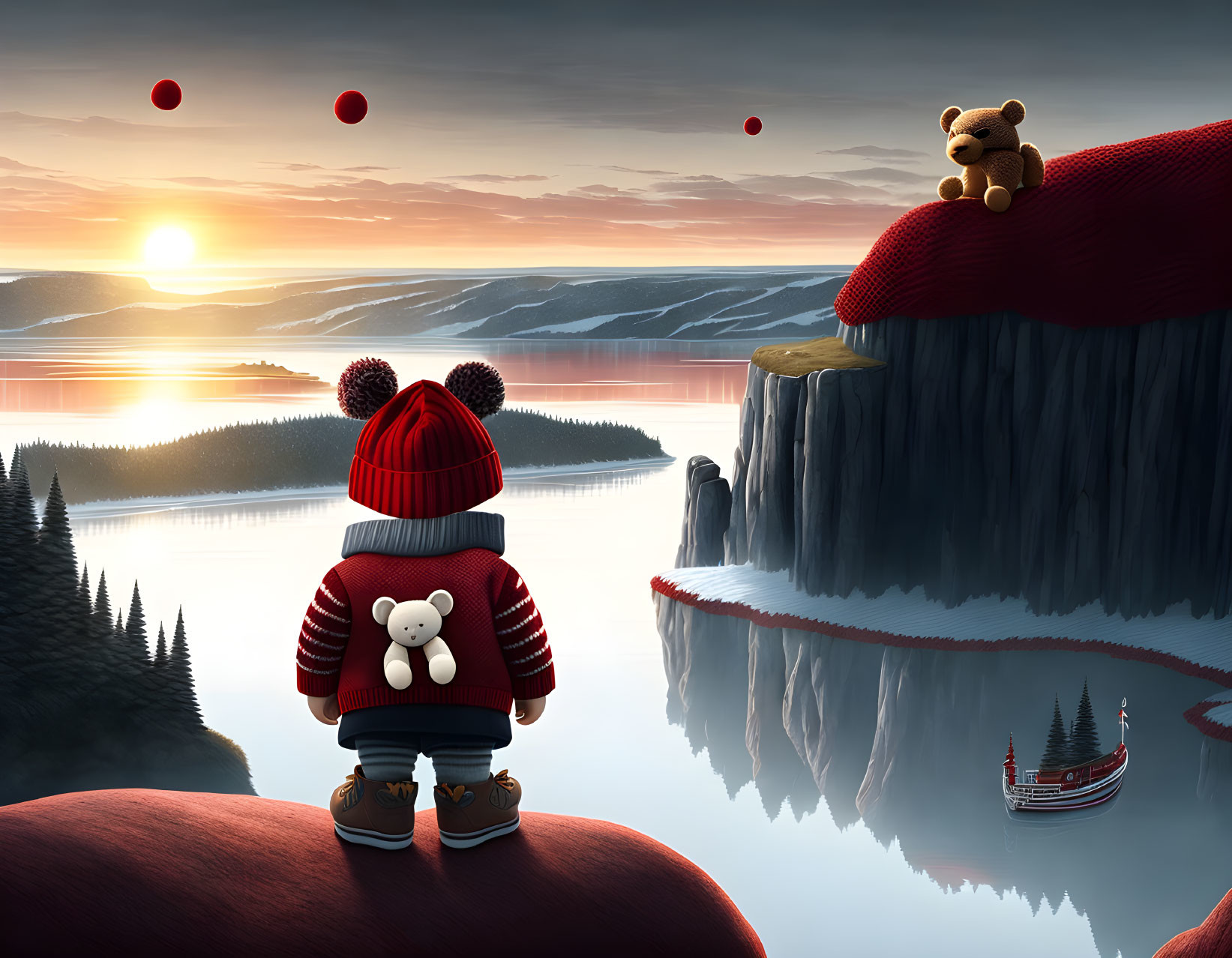 Child in Red Hat with Teddy Bear in Surreal Sunset Landscape