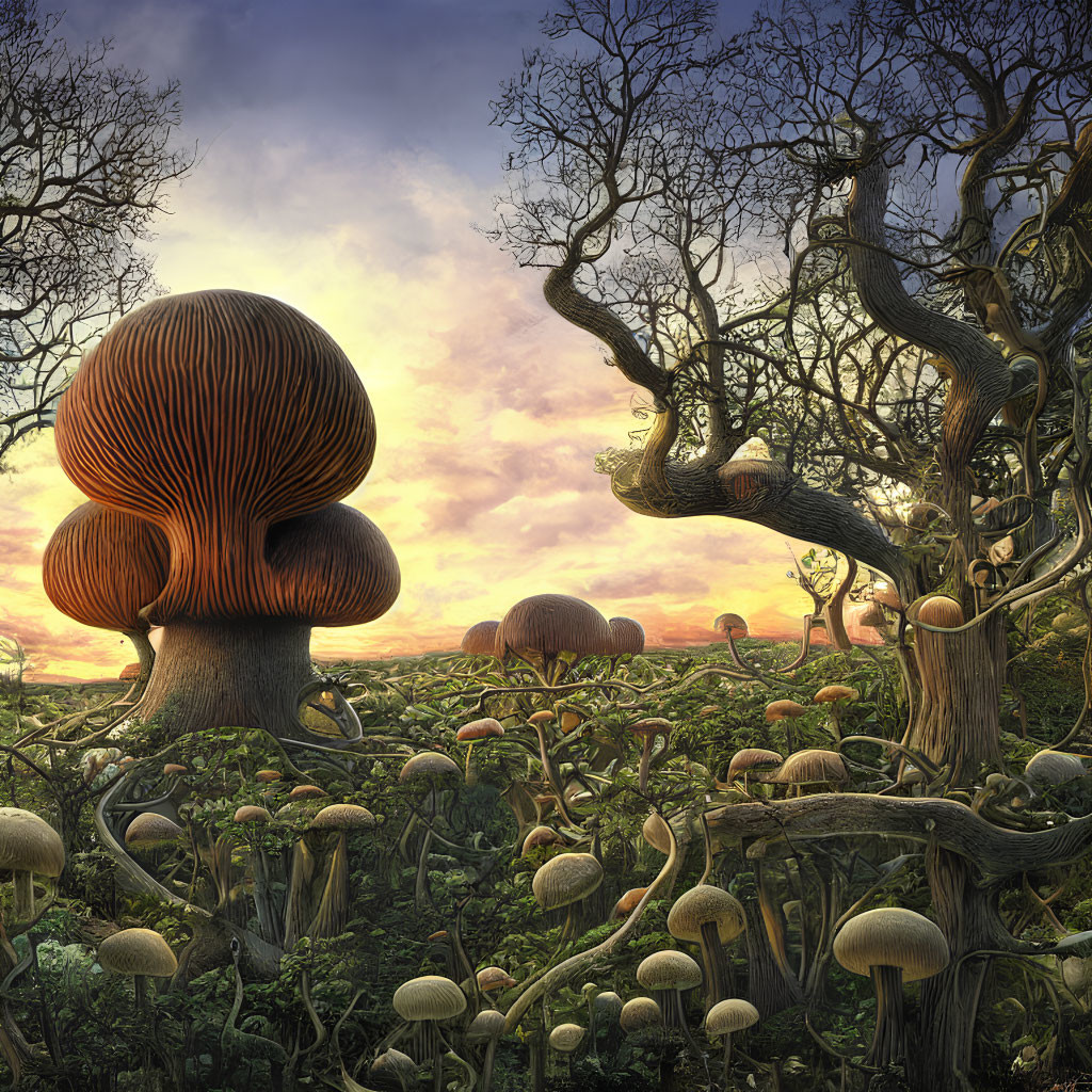 Surreal landscape with oversized mushrooms and twisted trees under warm pastel sunset sky