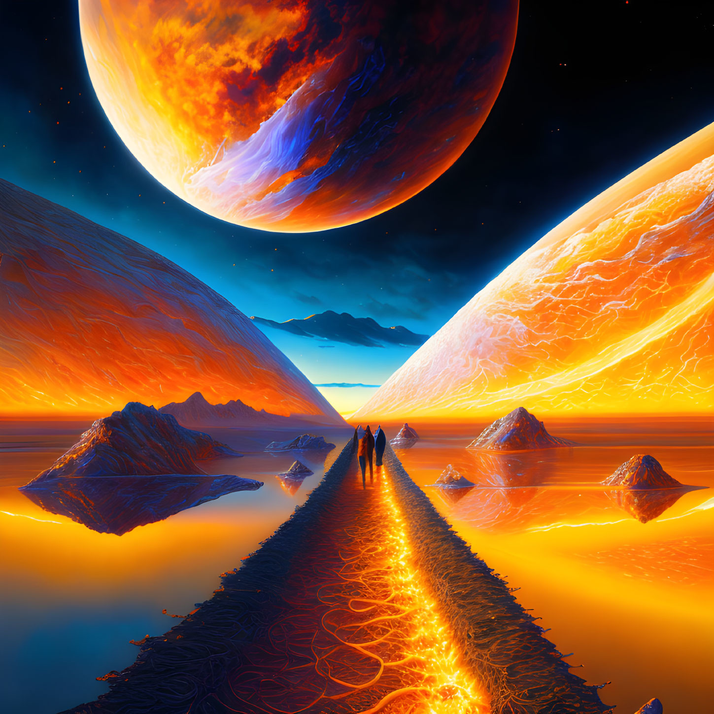 Colorful Sci-Fi Landscape with Fiery Planets, Moon, and Water Reflections