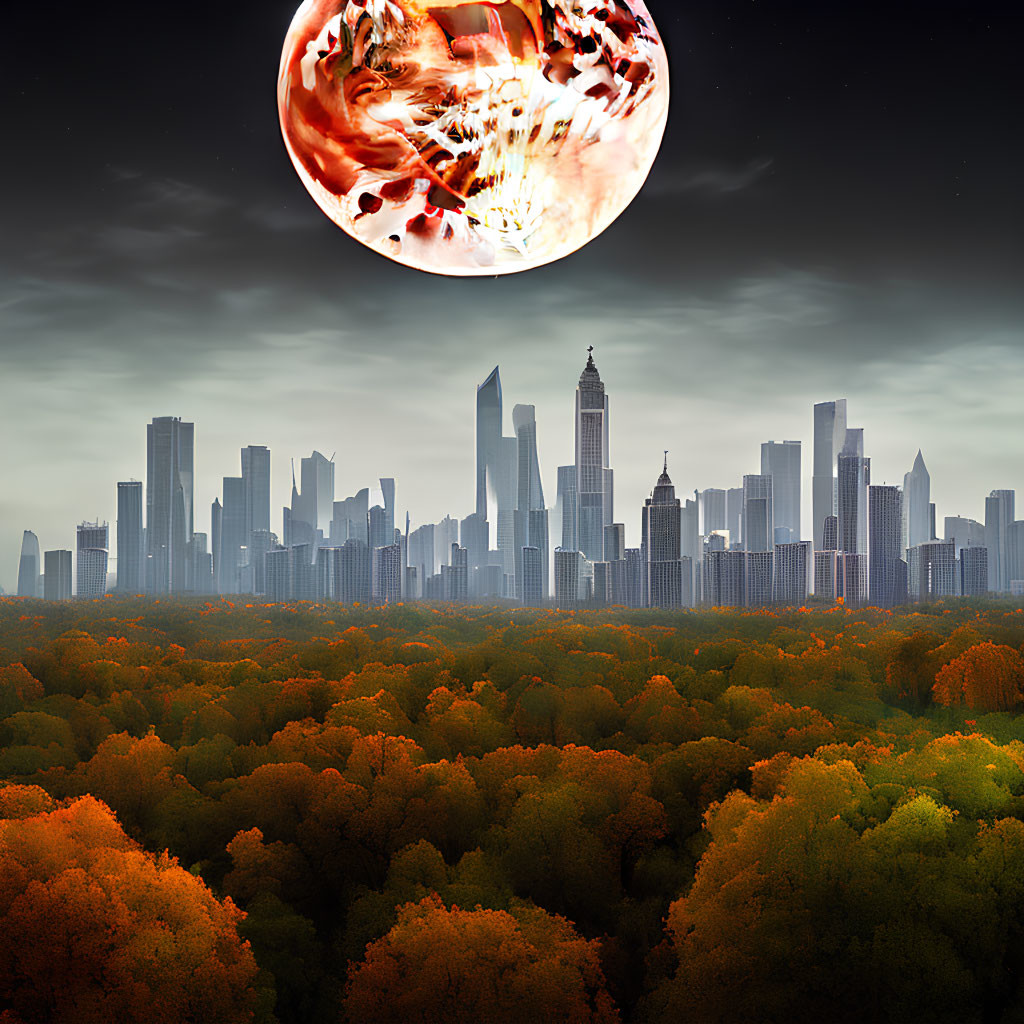 Surreal cityscape with fiery planet over autumnal forest