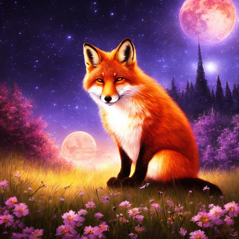 Vibrant fox in fantasy meadow under starry sky with two moons