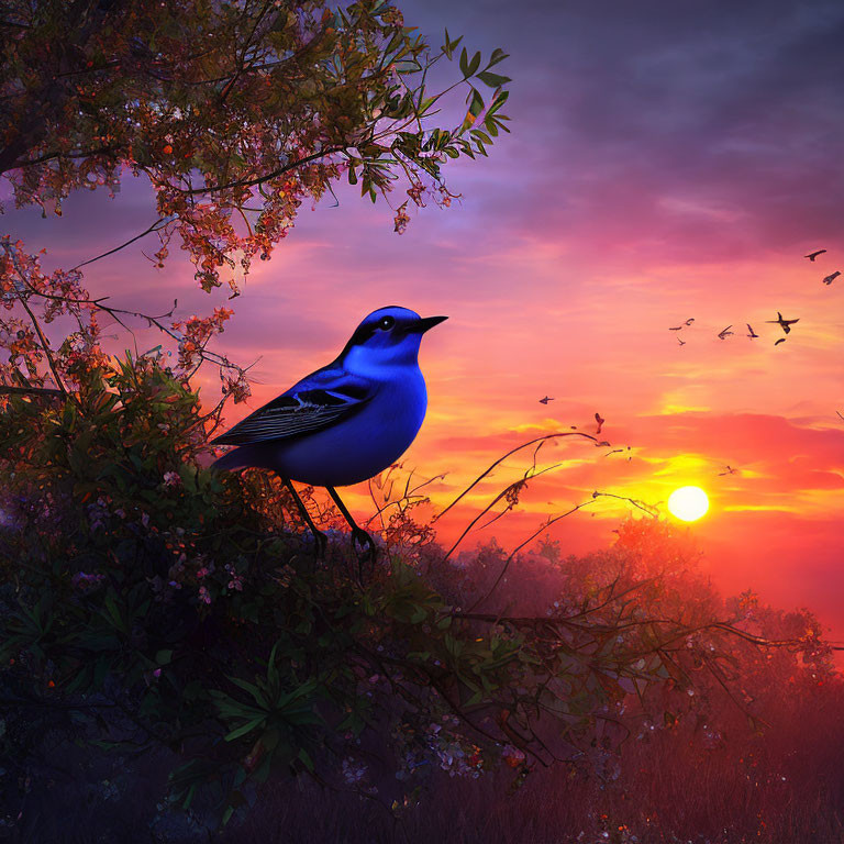 Vivid Blue Bird on Flowering Branch at Sunset Sky