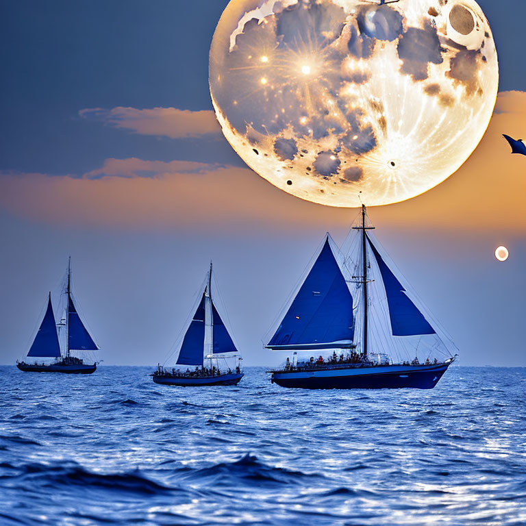 Sailboats on sea at dusk with surreal supermoon and distant bird