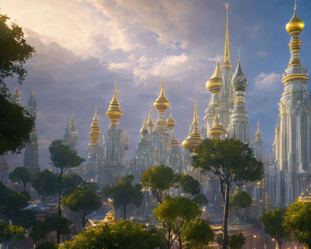 Fantastical cityscape with ornate spires and golden domes at dawn or dusk