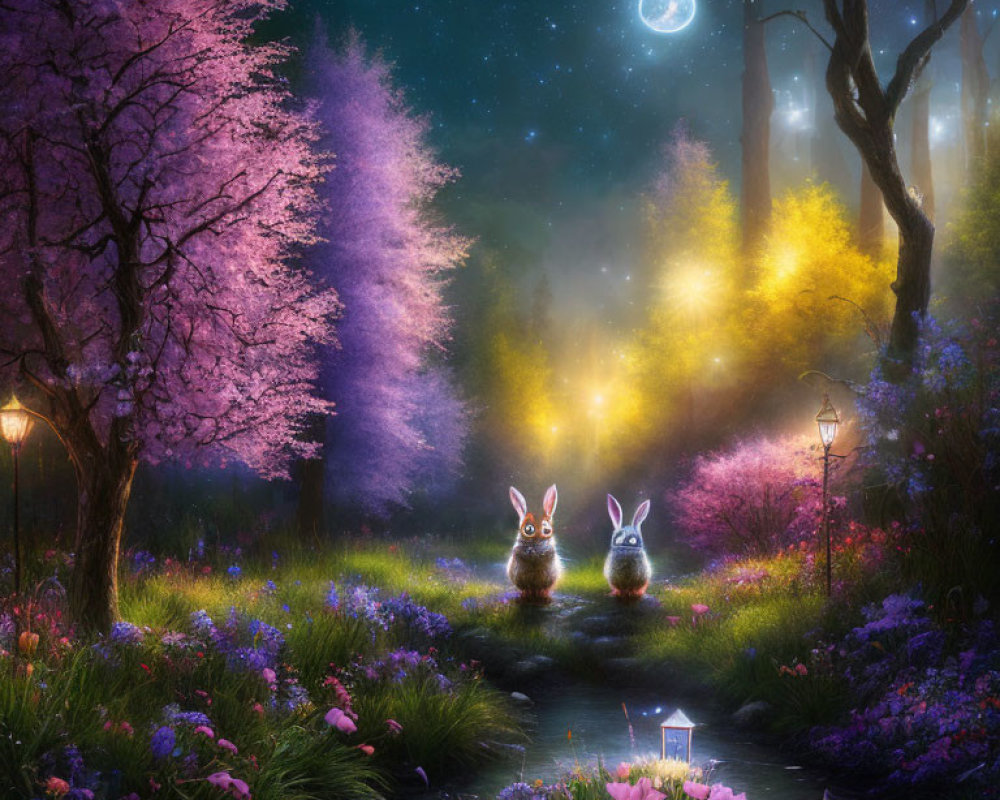 Rabbits by lantern on path with blossoming trees under starry sky