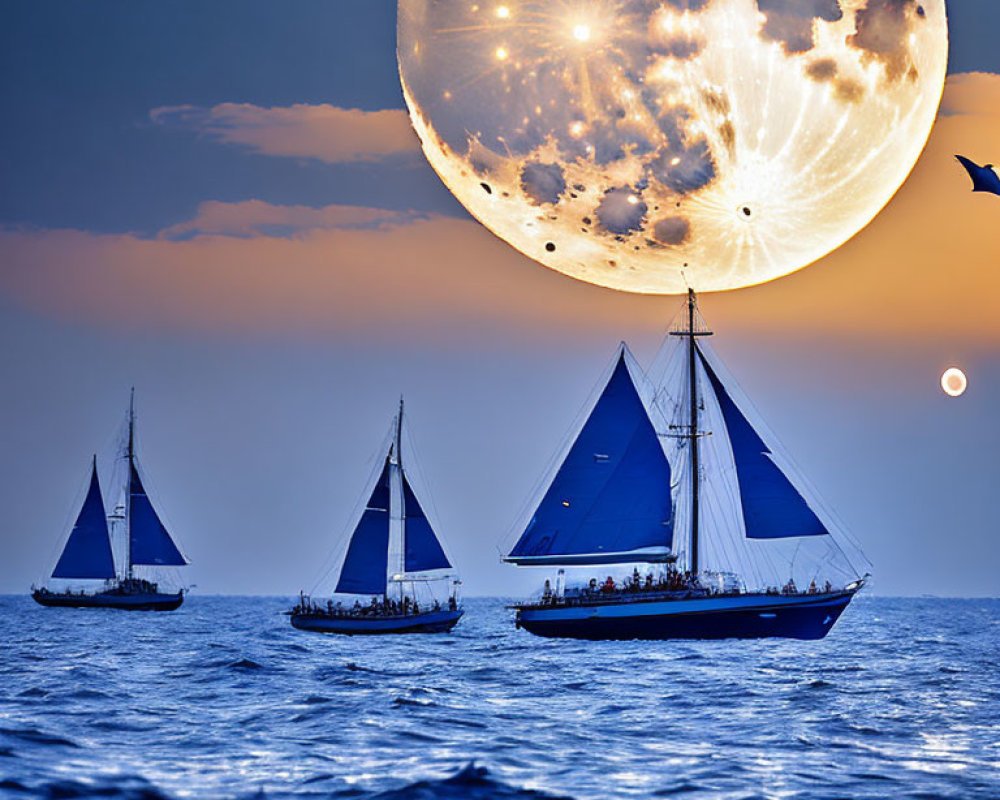 Sailboats on sea at dusk with surreal supermoon and distant bird