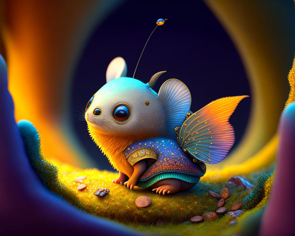 Whimsical creature with big eyes and butterfly wings in fantasy landscape