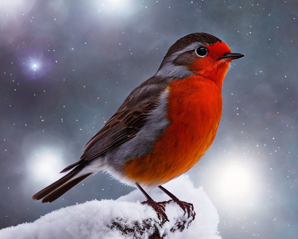 Robin perched on snow-covered branch under starry night sky