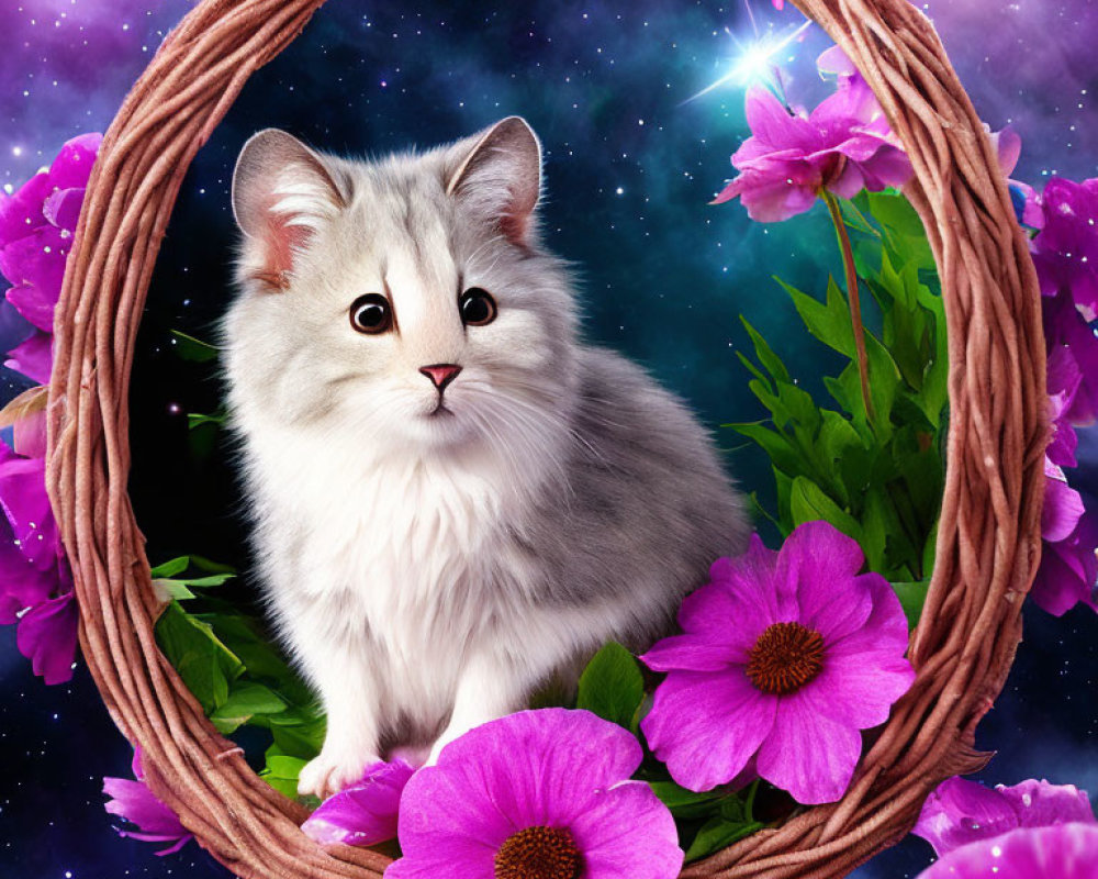 Fluffy white cat in basket with pink flowers on starry night sky background