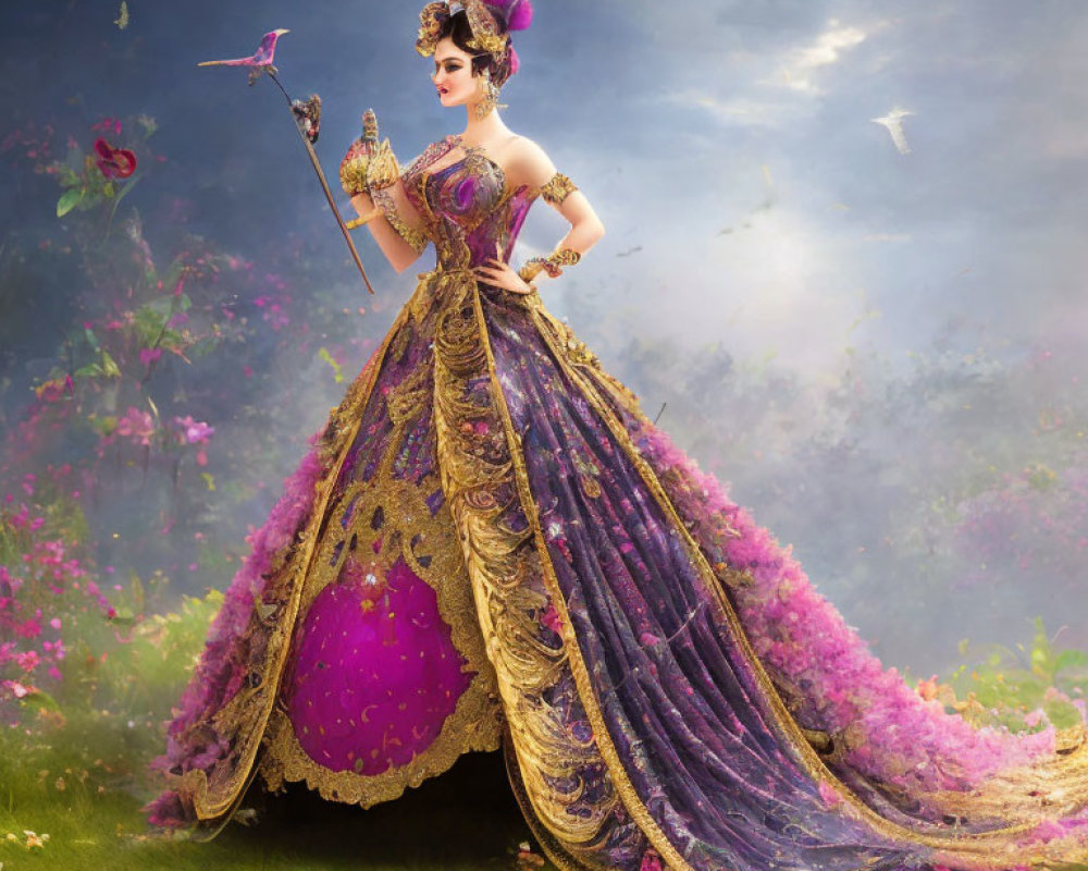 Elegant woman in purple and gold gown with mask and sceptre in fantasy garden