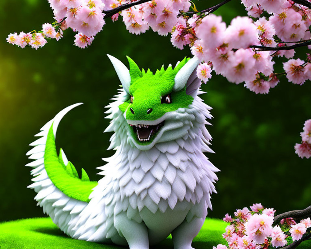 Green Dragon Resting Beneath Pink Cherry Blossoms
