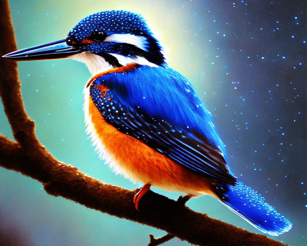 Colorful Kingfisher Bird Perched on Branch with Starry Background