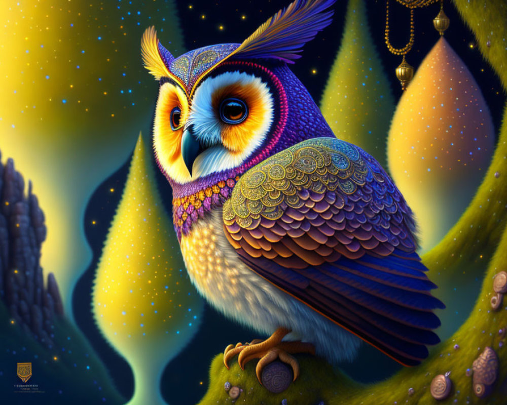 Colorful Owl Illustration with Detailed Feathers on Starry Night Sky