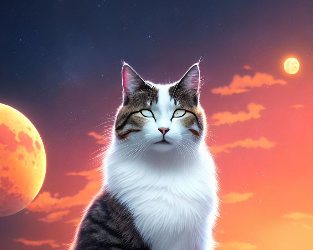 Majestic cat under triple planetary alignment at surreal sunset