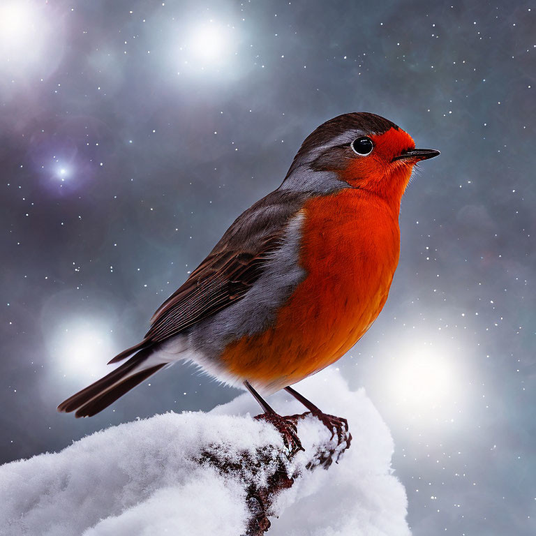Robin perched on snow-covered branch under starry night sky