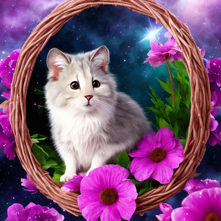 Fluffy white cat in basket with pink flowers on starry night sky background