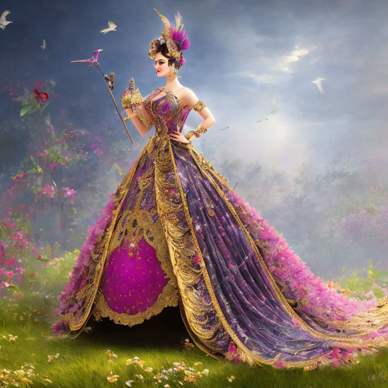 Elegant woman in purple and gold gown with mask and sceptre in fantasy garden
