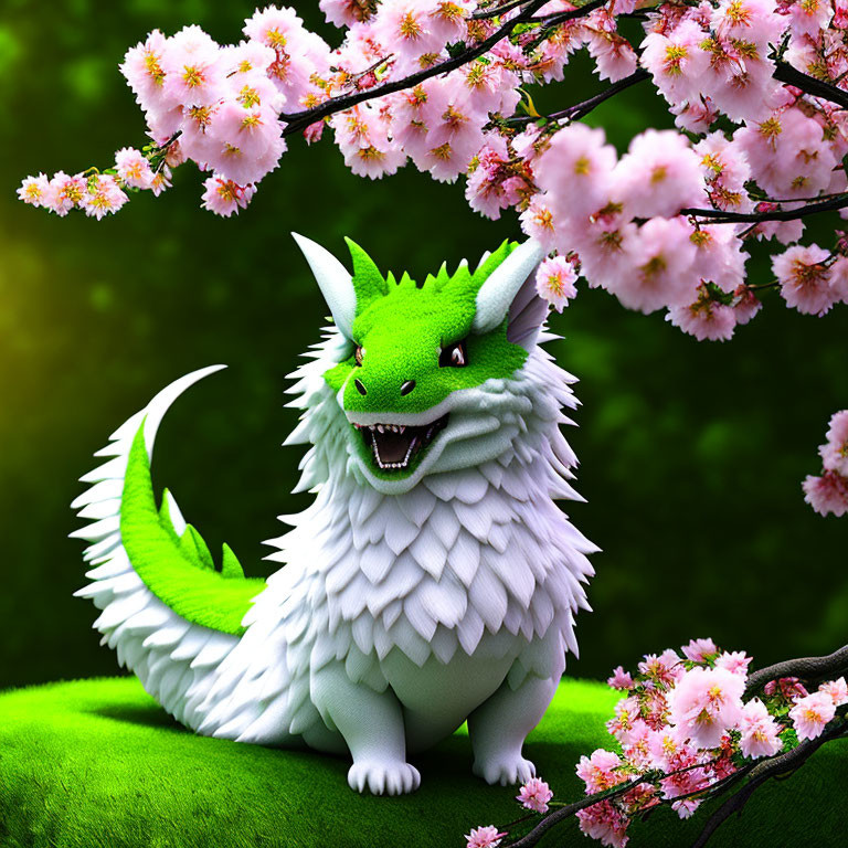 Green Dragon Resting Beneath Pink Cherry Blossoms