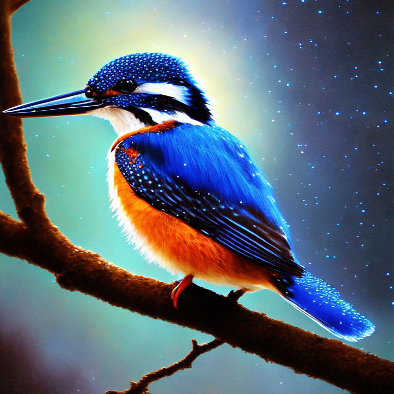 Colorful Kingfisher Bird Perched on Branch with Starry Background