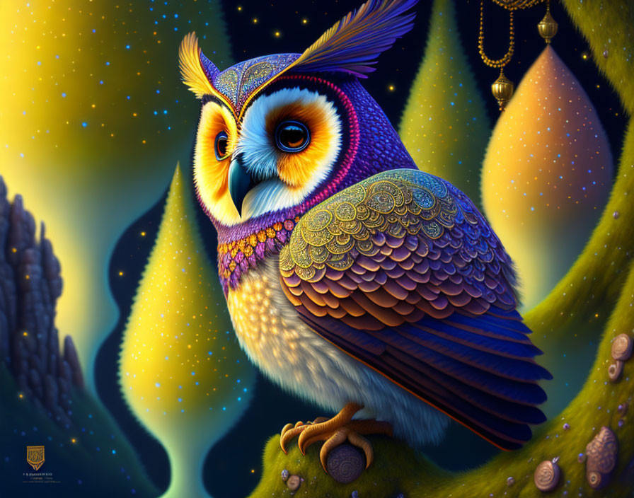 Colorful Owl Illustration with Detailed Feathers on Starry Night Sky