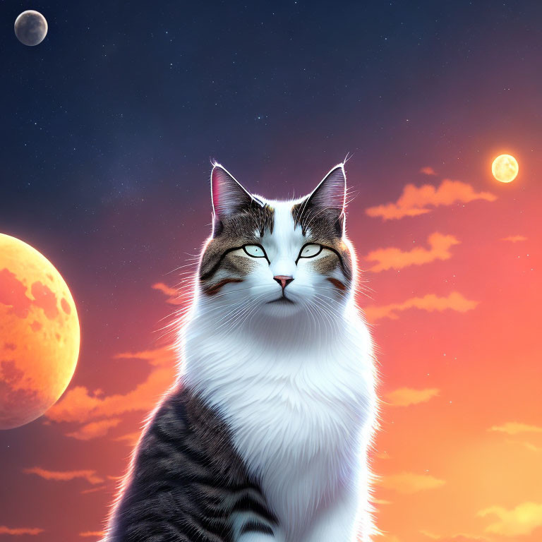Majestic cat under triple planetary alignment at surreal sunset