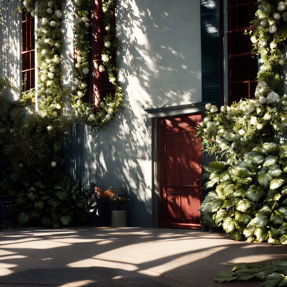 Tranquil courtyard with greenery, flowers, and sunlight shadows