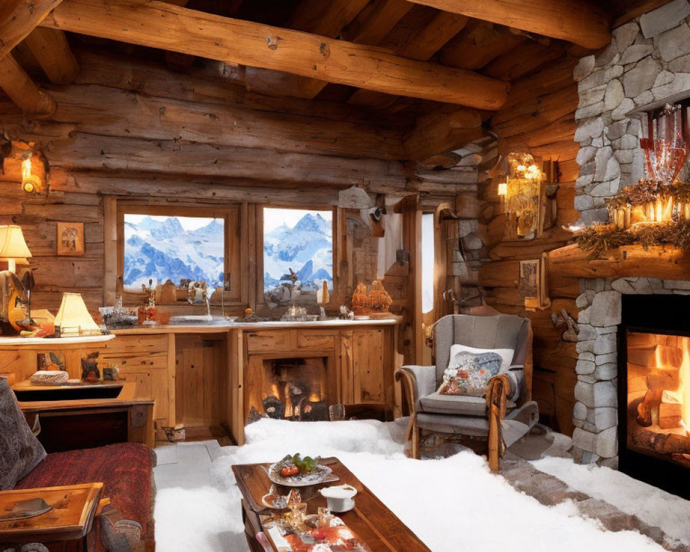 Rustic mountain cabin interior with wooden beams, stone fireplace, comfortable furniture, snowy peak view