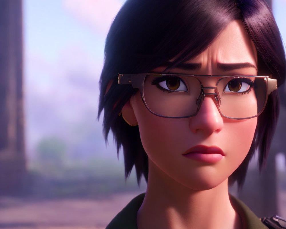 CGI-animated female character with black hair and glasses