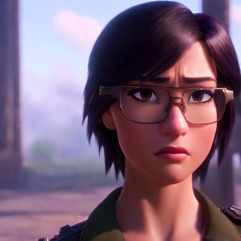 CGI-animated female character with black hair and glasses