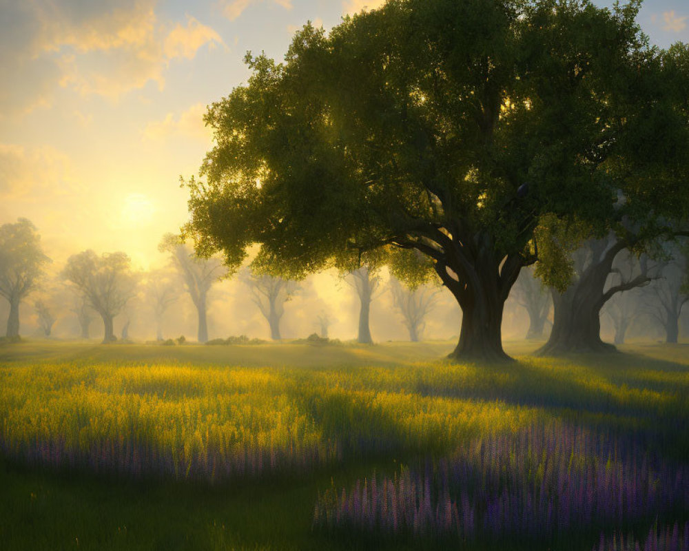 Majestic trees in serene sunrise landscape with purple flowers