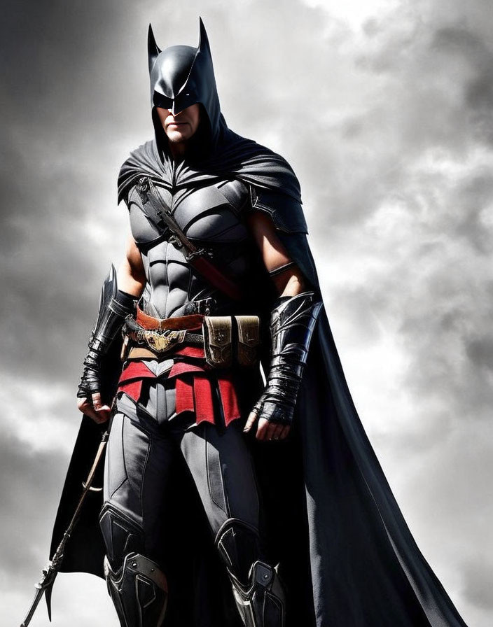 Person in Batman costume against stormy sky backdrop with detailed suit design.