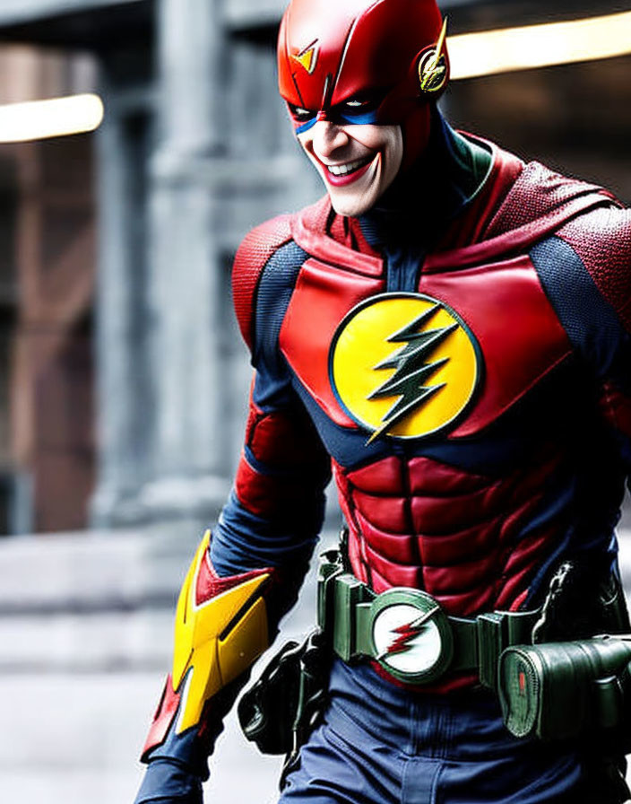 Red and Yellow Flash Superhero Costume Smiling with Blurred Background