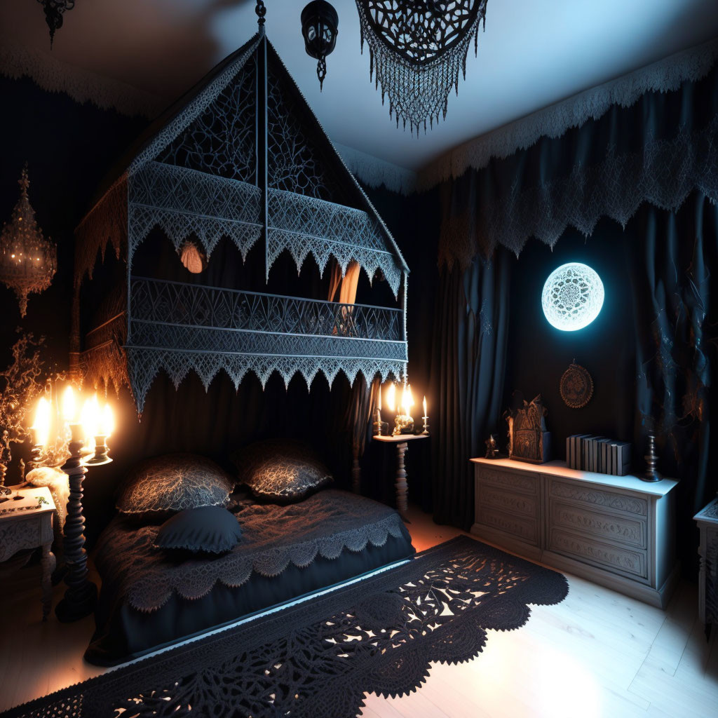 Dark Gothic-style bedroom with ornate canopy bed, candles, lace chandelier, and decorative window