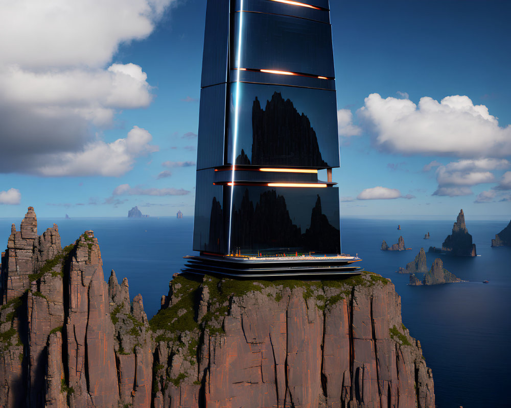 Futuristic tower on rugged cliffs with glowing lines against blue sky