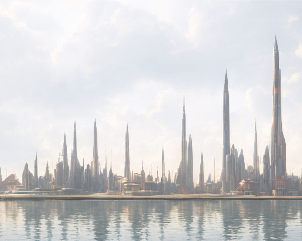 Futuristic city skyline with tall spires reflected in calm water