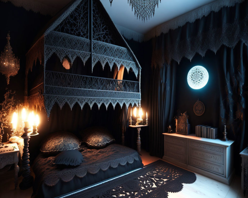 Dark Gothic-style bedroom with ornate canopy bed, candles, lace chandelier, and decorative window