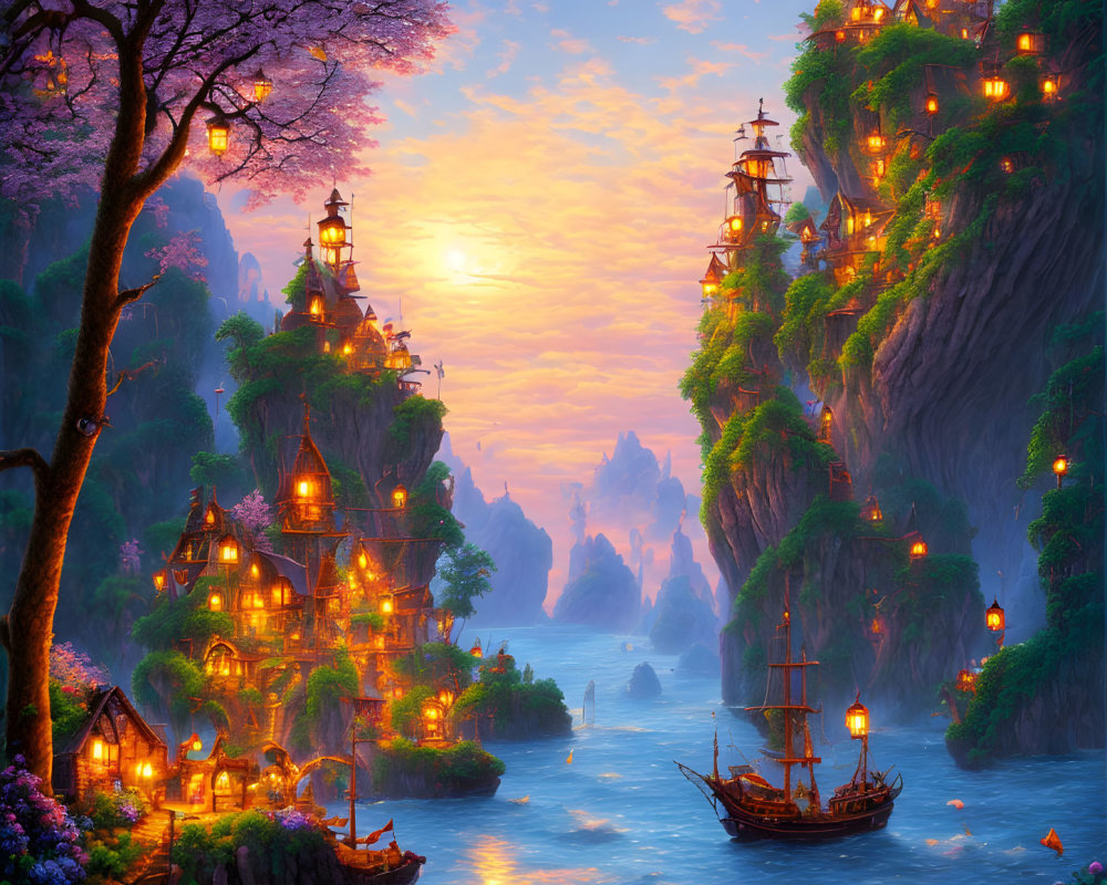 Fantasy sunset seascape with ship, illuminated houses, blooming trees, and lanterns