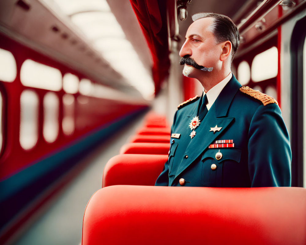 Decorated Military Man Sitting on Train with Red Seats
